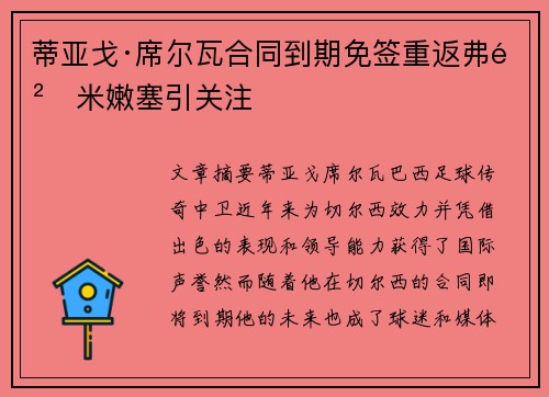 蒂亚戈·席尔瓦合同到期免签重返弗鲁米嫩塞引关注