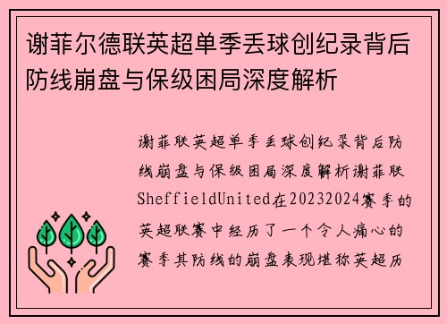 谢菲尔德联英超单季丢球创纪录背后防线崩盘与保级困局深度解析